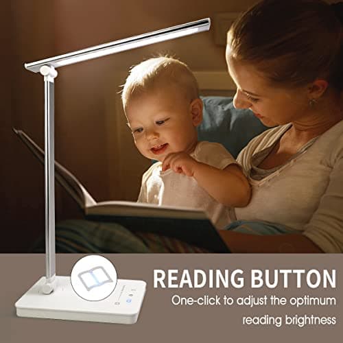 Lampe de Bureau LED 15W Lampe Bureau Puissante Tactile Dimmable 10 Luminosité Réglable 5 Modes de Couleur Lampe Lecture Protection des Yeux, Port USB&Fonction Minuterie/Mémoire