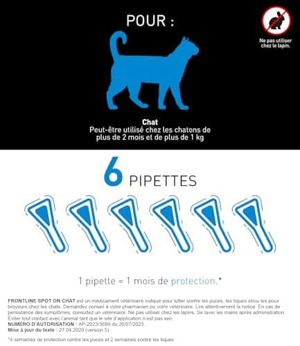FRONTLINE Spot On Chat - Anti Puces, Tiques & Poux broyeurs - Protège L'Animal pendant 4 semaines contre les Puces, 2 semaines contre les Tiques - Fabriqué En France - 6 Pipettes Application Spot On
