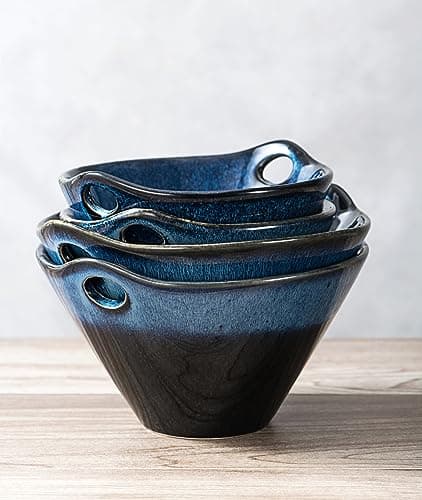 Henten Home Bols à Ramen, Bol Chinois pour Soupe Porcelaine, 8 Pièces pour Udon, Pâtes, Céréales et Mélange de Fruits, Bol Fait à la Main de Style Japonais - 600ml, Bleu