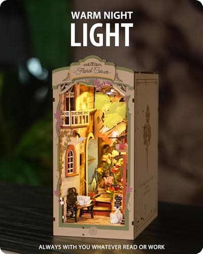 Rolife Book Nook Coin des Fleurs Booknook avec Lumière LED Kit Maisons de Poupées DIY Maison Miniature Puzzle en Bois 3D pour Adultes Bibliothèque Décoration Cadeau d'anniversaire