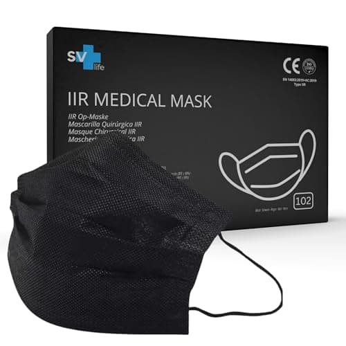 102 pcs Masque Chirurgical IIR usage Médical | Approuvé CE, 3 couches (BFE>99%), Protection Certifiée | Jetable - non Réutilisable, Confortable, taille Adulte, Couleur Noir