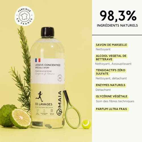 MAIA - Lessive Concentrée Spéciale Sport 1L - 33 Lavages - Lavage en Machine - Neutralise les Mauvaises Odeurs - Soin des Fibres Techniques - Formule Éco-Responsable - Efficace dès 30°C - 33 Lavages