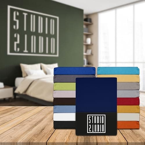STUDIO Basic Drap Housse 180x200 cm, 100% Coton peigné, certifié Oeko-TEX 100, qualité de Marque, Drap de Matelas 180 x 200 jusqu'à 25 cm, Bleu foncé