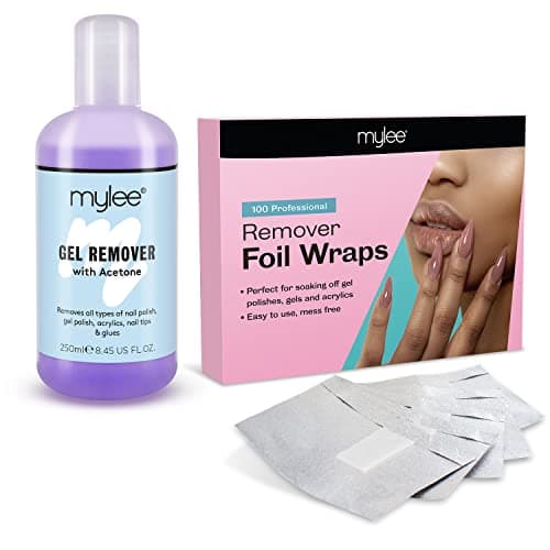 Mylee Kit de Dissolvant Mylee Gel Remover 250ml Vernis à Ongles Semi Permanent + 100 Lingettes en Coton Non Pelucheuses Pré-fixées sur Feuilles d'Aluminium, Dissolvant Acétone Vernis Gel UV & LED