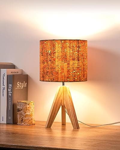 EDISHINE Lampe de Chevet en Bois, E27 Douille, Trépied Vintage, Ampoule Incluse, 36 x 20 x 20 cm, Lampe de Table Moderne pour Chambre à Coucher, Salon, Hôtel, Abat-jour en Lin Gris