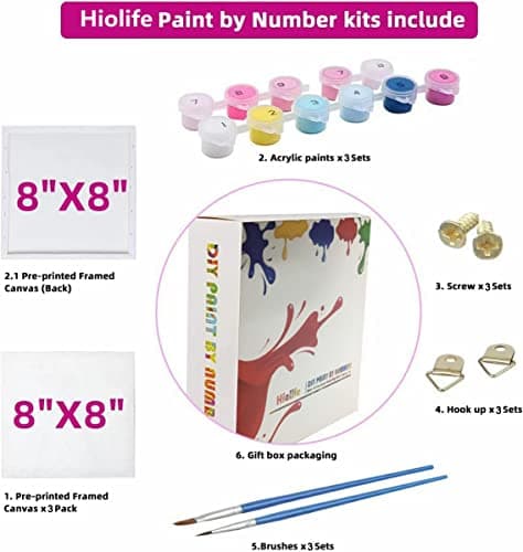Hiolife Peinture par Numero pour Enfant et Débutant, Loisirs Créatifs Activité Manuelle, Peinture Acrylique Kit de Dessin pour Filles et Garçons, Avec Cadre 20 x 20 cm - Lot de 3