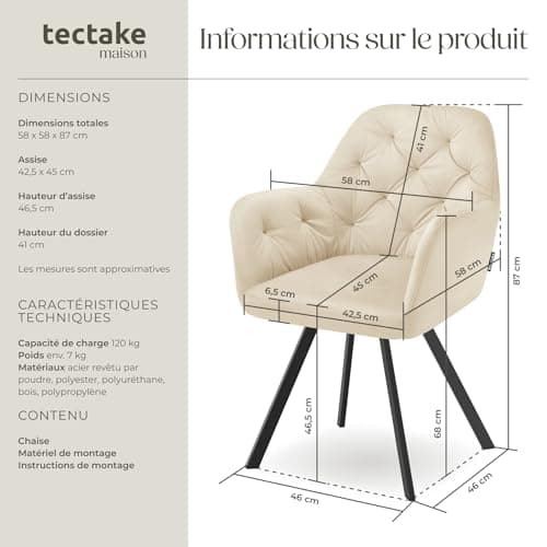 TecTake® Chaise pivotante de Salle à Manger Moderne Fauteuil Salon Chaise Ergonomique Rembourrée Confortable Chaise Design Meuble Salon pour Salle à Manger, Salon, Coiffeuse, Chambre, Cuisine