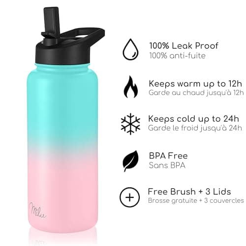 Milu Bouteille en acier inoxydable 500ml, 750ml, 1000ml (+3 couvercles) - Bouteille thermo avec paille, bouteille d'eau, pour boissons chaudes, froides et gazeuses (rose menthe, 1l)