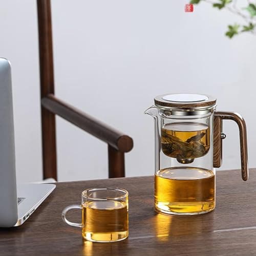 Théière en verre avec infuseur, théière amovible en verre, théière en verre transparent, théière en verre filtrant, théière en verre avec poignée en bois, théière en verre transparent, théière