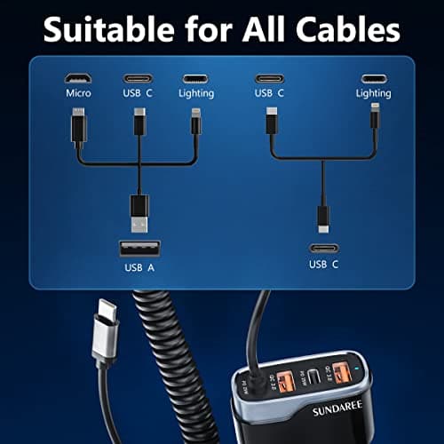 SUNDAREE Chargeur Voiture USB C,60W 4 Multi Port 12V PD QC Type C 1.8M Câble Spiralé Rapide Charge Prise Allume Cigare Automobile Chargeur for Xiaomi Redmi Note 11/Samsung Galaxy A22/iPhone 14/ Honor