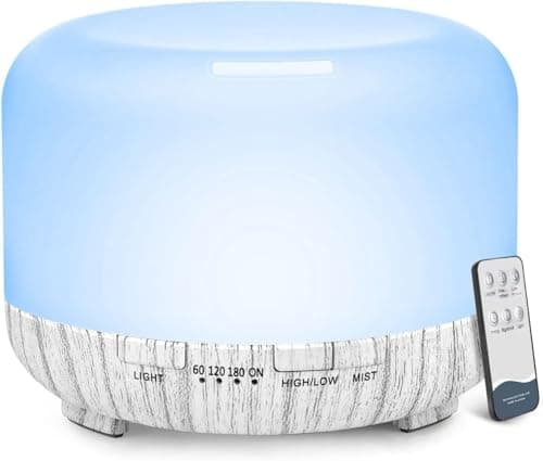 LONID 500ml Diffuseur d'Huile Essentielle, Ultrasonique Diffuseur Huiles Essentielles, Humidificateur d'air lumières 7 Colorées,Arrêt Automatique 4 Timing, Spa, Yoga, Massage,Apaisant (Blanc)