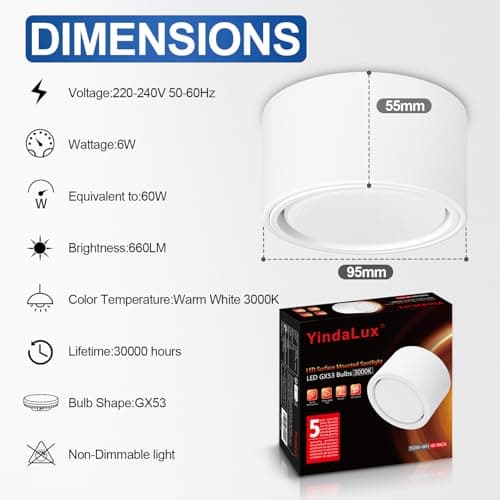 YindaLux Lot de 4 LED Spot en Saillie Blanc 220-240V Ø95x55mm Plafonnier Incluse ampoule GX53 6W Blanc chaud 3000K 660LM Plafonnier Spot LED Luminaire Apparent avec spot à grande surface lumineuse