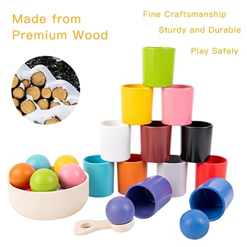 Auvewilo Jouet de Tri de Couleurs avec Boules et Gobelets en Bois, Ensemble de Jeu d'Association Montessori pour Enfants