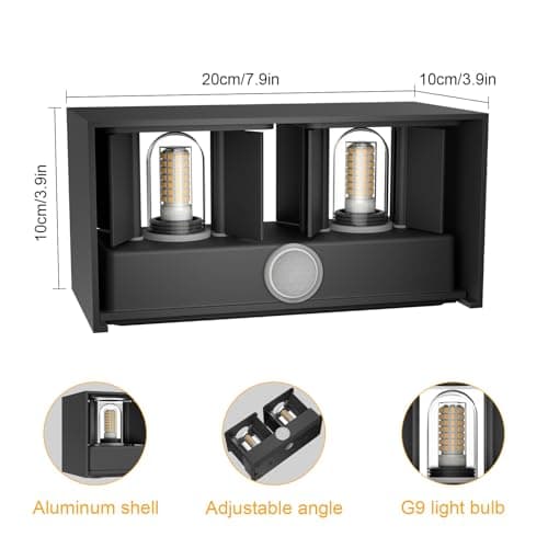 Klighten 1PCS 18W Applique Murale Extérieur avec Détecteur de Mouvement IP54 Éclairage Mural Intérieur avec Angle de Faisceau Réglable, avec Ampoule LED G9 Remplaçable Lampe,3000K (Noir)