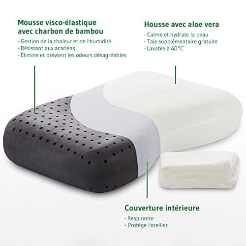 Oreiller Cervical NuMOON avec Aloe Vera et Charbon de Bambou | Coussin Ergonomique et Orthopédique Anti-Acariens, Anti-Allergènes | Pour Toutes les Position de Sommeil | Taie Extra Gratuite