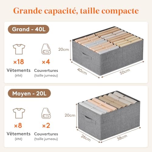 Lifewit Boite Rangement Vetement Lot de 4, Rangement Armoire Placard Pliable, Organisateur Tiroir Vetement avec Cloison Amovible, Rangement Dressing, Casier de Rangement 40L(50x40x20cm), Gris Clair