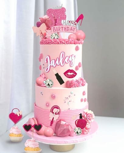 JeVenis birthday décoration de gâteau d'anniversaire de fille rose vif décoration d'anniversaire de fille rose boules roses feuilles de palmier talons lipstick sacs cake topper