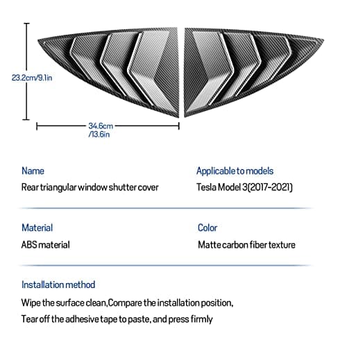KUNGKIC Lot de 2 persiennes de fenêtre latérale arrière pour Tesla Model 3 2017-2024,Housses de persiennes de fenêtre, ABS,Pare-Soleil,Pluie,décoration extérieure Cool (Fibre de Carbone Mat)