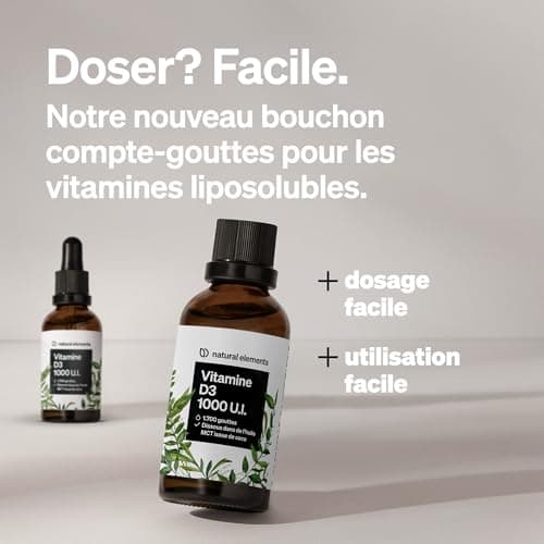 natural elements Vitamine D3 – 1000 U.I. Vitamine D par goutte – 50 ml (1700 gouttes) – enhuile TCM de noix de coco – fortement dosée, liquide