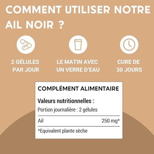 AIL NOIR FERMENTÉ | Standardisé en S-allyl-cystéine | Circulation Sanguine, Cœur | 250 MG Hautement dosé | 60 gélules Inodore | Complement alimentaire | Fabriqué en France