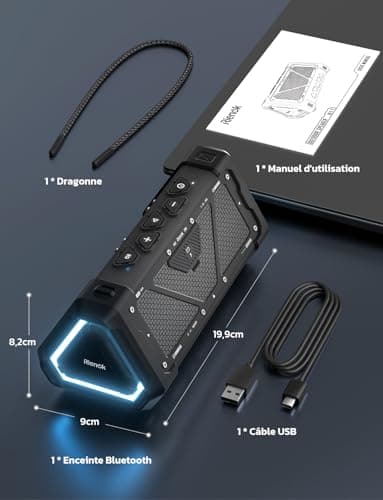 RIENOK S11 Enceinte Portable Bluetooth aux Basses Renforcées, 3 Modes d'Égaliseur, Mode USB, Bluetooth 5.3, 30W Enceinte Puissante, IPX7, TF Carte, Soirées Plage, Randonnées, Voyage, Noir