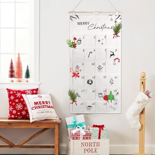 Calendrier de l'avent Noël Blanc Calendrier Mural Merry Christmas Imprimé Noir avec Poches de 24 Jours Calendrier à Suspendre Décoration Pour Compte à Rebours de Noël