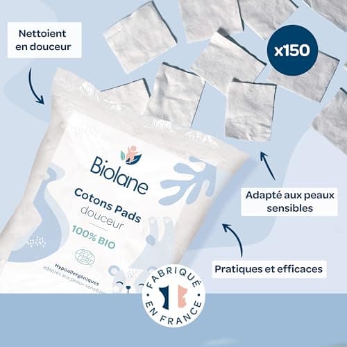 BIOLANE - Cotons pads douceur - Bébé - 100% Bio - 150 Cotons - Peaux sensibles - Change & Toilette - Dès la naissance - Fabriqués en France