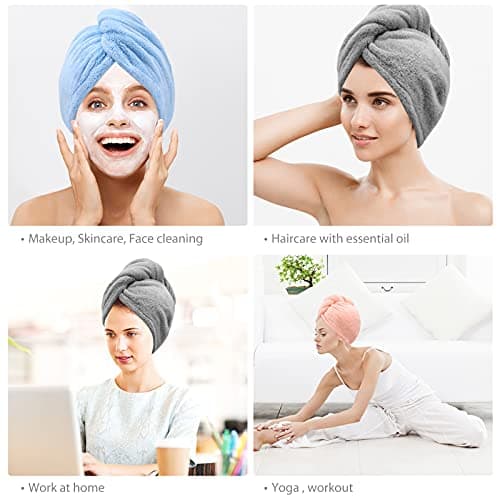 Laicky Lot de 3 serviettes de séchage en microfibre super absorbantes, turban torsadé, à séchage rapide avec boutons, boucle de bain, bonnet pour cheveux secs (gris, rose, bleu)