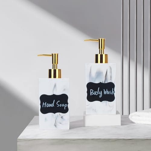 Dispenseurs de Luxe Fini Marbre - 500ml, Lot de 2 avec Pompes Dorées & Étiquettes Étanches - Idéal pour Comptoir, Douche, Rangement de Shampoing, Savon, Lotion - Blanc