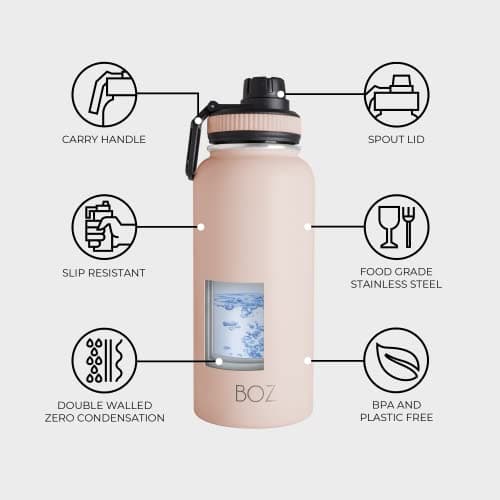 BOZ Gourde Isotherme En Acier Inoxydable 1L, Sans BPA, Isolation Sous Vide | Gourde Inox Avec Couvercle Anti Germe, Bouteille d'Eau 1 Litre pour Bureau, Sport, Voiture, Randonnée, Gym (Rose poudré)