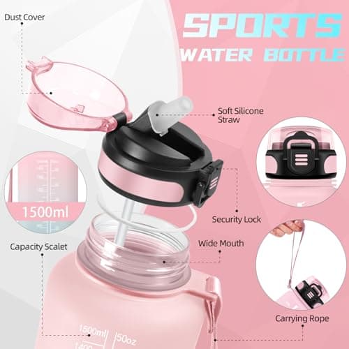 Gourde 1.5L, Gourde Sport avec Paille, Gourde Motivation anti Fuite, avec Marqueur de Temps, Gourdes de Camping et Randonnée, Facile à Nettoyer, Gourde Adulte pour Yoga, Running, Camping, Rose-Cyan