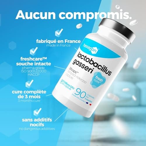 Lactobacillus Gasseri 10 Milliards UFC/Gélule - Cure Complète de +3 Mois - Probiotique Ventre Plat L-Gasseri - Soutien Digestif - FreshcareTM Fraîcheur Optimale - 90 Gélules DRcapsTM - Vegan - Hexagon