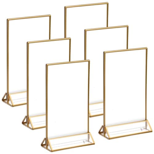 Natuce Lot de 6 Présentoirs de Table en Acrylique, 18 x 10,7cm, Cadre Photo Double Face Transparent avec bord Dorées, pour Menu de Restaurant, Numéros de Table de Mariage, Photo, Publicité, Réception