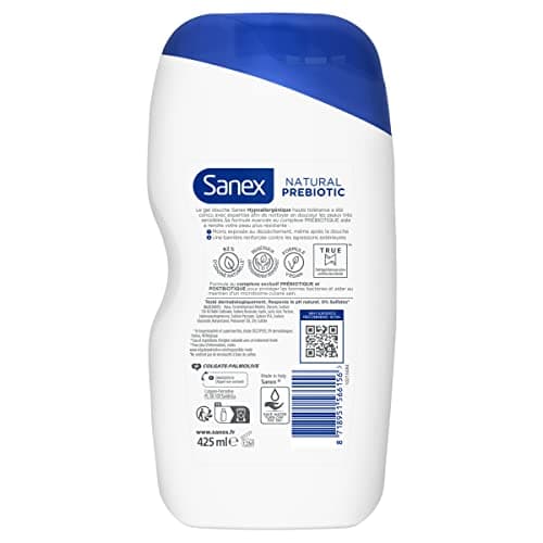 SANEX - Natural Prebiotic Hypoallergénique Gel Douche - Peau Très Sensible - Hydratation 12h - Complexe Prébiotique & Postbiotique - Testé Sous Contrôle Dermatologique - Sans Sulfate* - 425mL x6