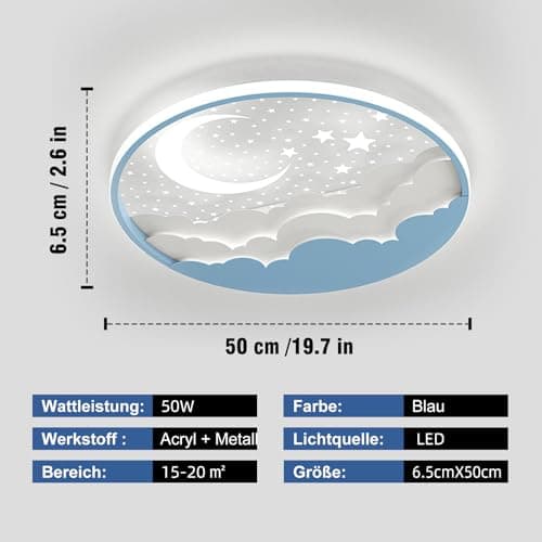 Plafonnier LED Chambre Enfant, Moderne Créative Étoile Et Lune Lampe De Plafond, Lampe Plafond avec Dimmable Télécommande 3000-6000K, Garçons Et Filles Chambre Enfants Lumière Éclairage, Bleu