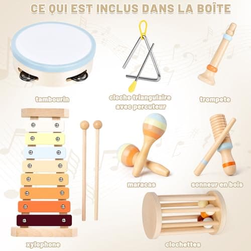 Joellfuner Instrument de Musique Bebe, Jouet Musique Bois Enfant, Montessori Jouet Musique, Percussion Bois avec Xylophone, Musique Anniversaire Cadeau pour Fille Garçons 3+
