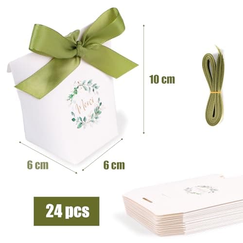 24Pcs Boîte Dragée Sachet Bonbon Ballotin “Merci” Cadeau Invité pour Mariage Baptême Communion Anniversaire Noël avec Ruban (Vert)
