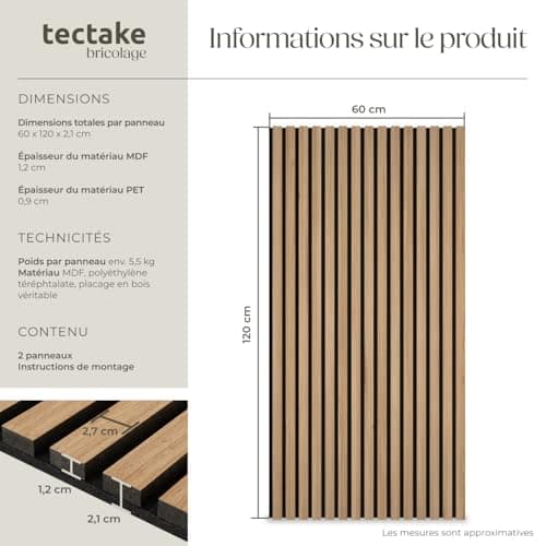 tectake® Lot de 2 panneaux acoustiques muraux et pour plafond, en Bois MDF, 120 x 60 x 2,1 cm par panneau mural decoratif pour isolation phonique Chambre, Bureau, Studio de musique Decoration murale