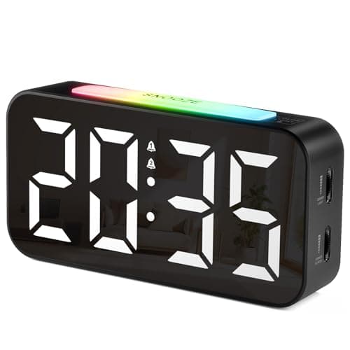 Reveil, Réveil Numérique Grand écran LED avec Veilleuses 9 Colorées, Luminosité & Volume réglable, Cloche Double, Snooze, 12/24H, Alimentation électrique (Adaptateur Inclure)