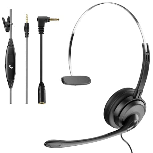 Voistek Casque mono avec microphone, prise jack 3,5 mm/2,5 mm, casque PC 2 en 1, casque filaire et antibruit et contrôle du volume pour centres d'appel, Skype, Zoom, bureau à domicile, cours en ligne