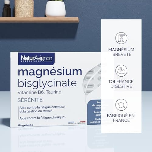 Laboratoire NaturAvignon Magnésium Bisglycinate + Taurine + Vitamine B6 | Haute absorption supérieure au magnésium marin | Fatigue nerveuse & physique, stress | Fabriqué en France | 60 gélules (1mois)