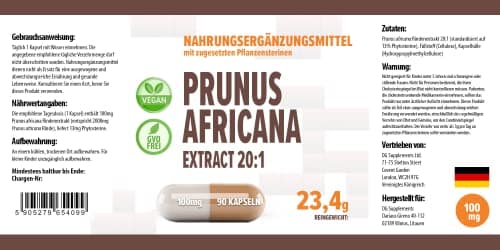 Pygeum Africanum 20000mg Equivalent (100mg d'extrait 20:1) 90 Capsules végétaliennes, Haute résistance, standardisé à 13% de phytostérols, High Strength, Sans Gluten, Sans OGM