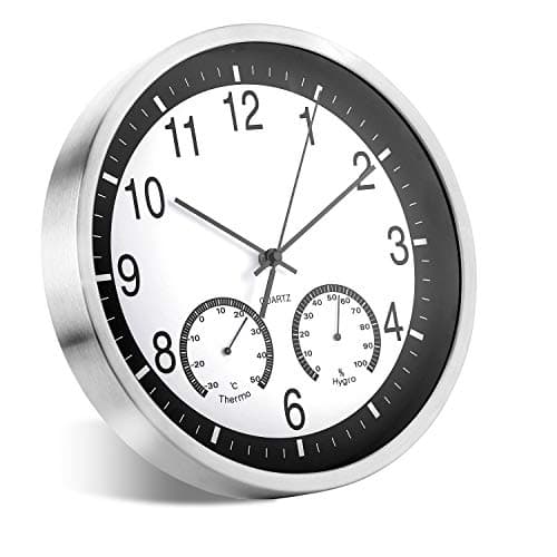 ALEENFOON 12 Pouces Horloges Murales Silencieuse de Salon Cuisine Modernes Design Pendules Murales 30cm Humidite Temperature Thermomètre Horloge à Quartz Suspendue Horloge Murale en Métal