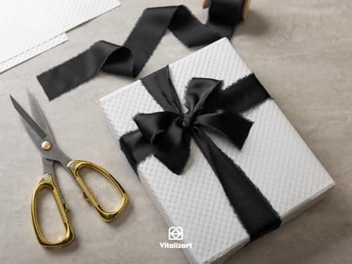 Vitalizart Ruban de Satin Soyeux Noir 3,8 cm x 13,7 m, Rubans Effilochés en Tissu à Franges Faits à la Main pour l'Emballage de Cadeaux, les Décorations Festives, les Bouquets de Mariées