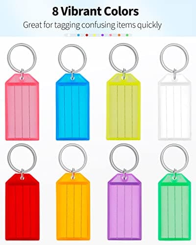 Uniclife 20 Pièces Porte Clés Porte Clef en Plastique de 5 cm avec Étiquettes en Papier Vierge Lignées Couvercles Transparents et Anneaux Fendus Identificateurs d'articles Robustes, 8 couleurs