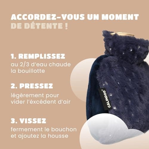 CALINDOO - Chauffe-Mains - Bouillotte Eau Chaude En Caoutchouc Naturel Avec Sa Housse Bleu Brillant - Conçue Dans Un Moule Unique CALINDOO - Bouchon Hermétique - Efficacité Longue Durée - 800 mL