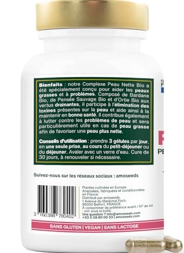 Peau Nette BIO | Peaux Grasses et à Problèmes | Régule la production de Sébum | Détoxifie et Purifie | Bardane, Pensée Sauvage, Ortie | 60 gélules de 380mg | Fabriqué en France | Qualité Supérieure