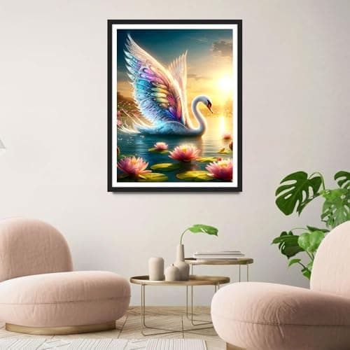 QINRUBB 5D Cygne Peinture Diamant Painting Kit, DIY Lotus Art du Diamant Complet Kits, Coucher de Soleil Diamond Art Strass Point de Croix Painting pour Adultes Débutants Maison Décor 30X40cm