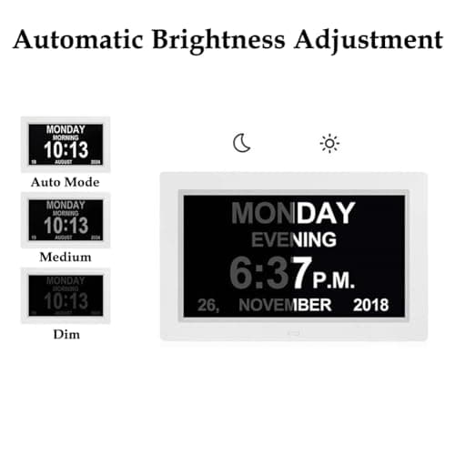 Horloge Numérique avec Calendrier de Jour, 7 Pouces WiFi Grande Horloge de Démence pour Les Personnes âgées, 5 Rappels D'alarme, Atténuation Automatique, AM/PM, Télécommande (Prise UE)