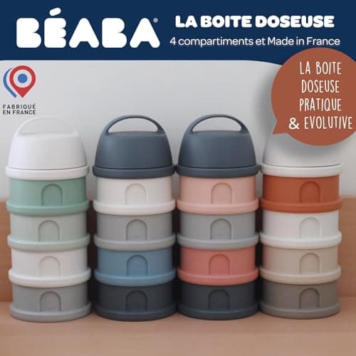 BÉABA, Boite doseuse de Lait en Poudre Empilable, 100% Hermétique, 4 Compartiments, Made in France, Grande contenance, Usage Evolutif, Facile à transporter, Beige/Terracotta